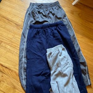 3 boys L athletic pants. 1 gray puma, 1 navy simply sport, 1  gray Joe Boxer.